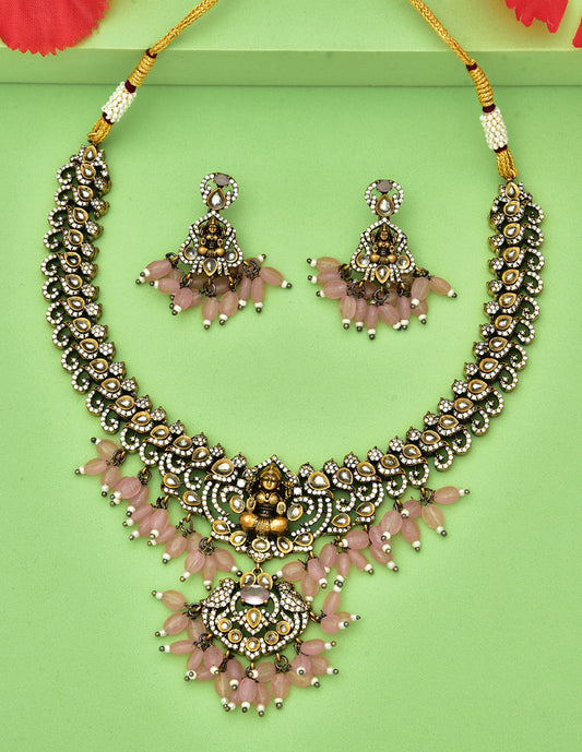 Zirconia Peacock Design Baby Pink Color Beads Victorian Necklace Set