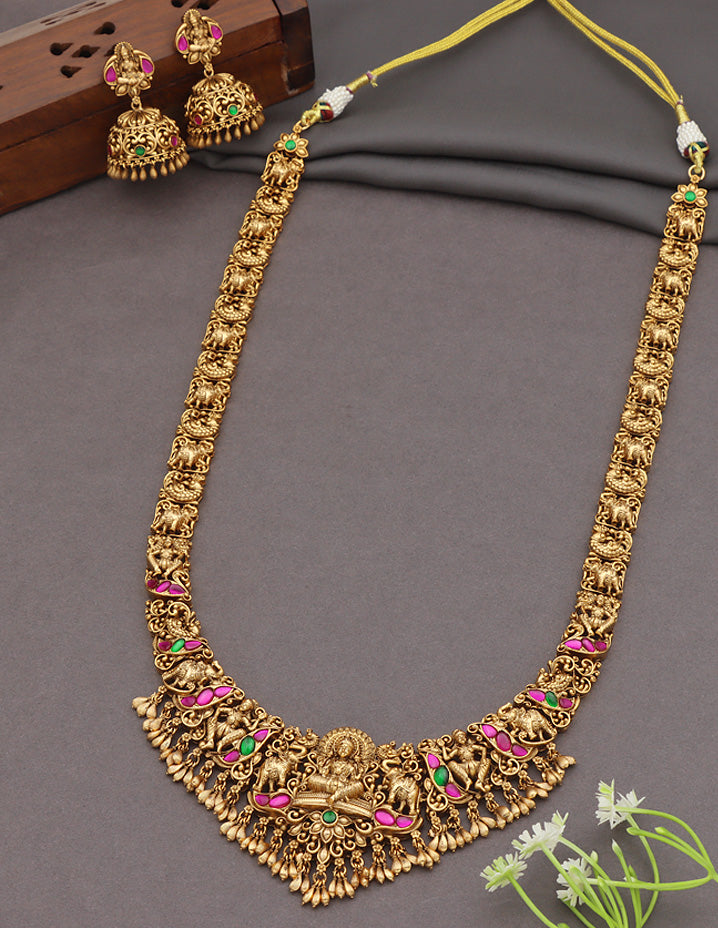 Designer Matt Rani Pink & Emerald Lakshmi Devi Long Haaram Set