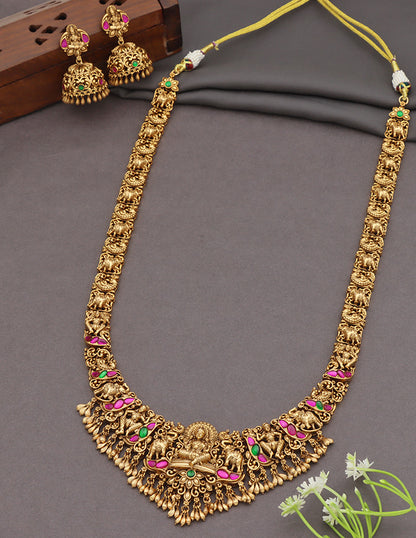 Designer Matt Rani Pink & Emerald Lakshmi Devi Long Haaram Set