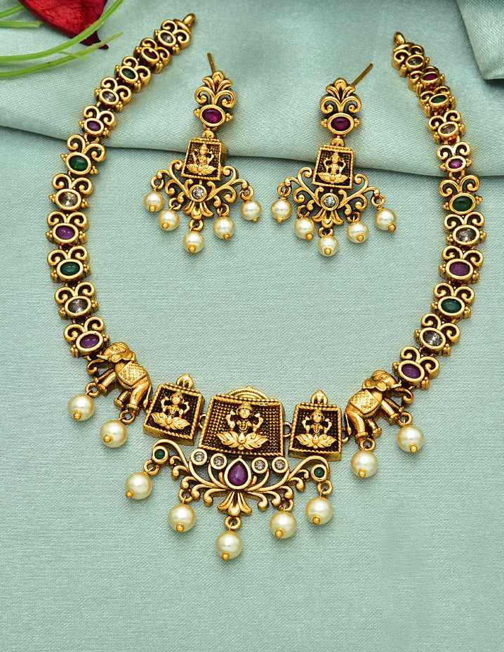 Antique Lakshmi Devi Design Kempu Necklace Set