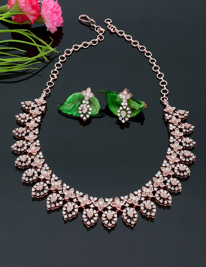 Rose Gold Polish Zirconia Necklace Set 127624
