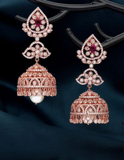 Zirconia Designer Rose Gold Jhumka Earrings