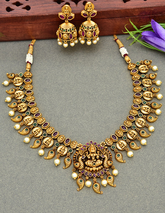 Antique Lakshmi Devi Design Kempu Necklace Set