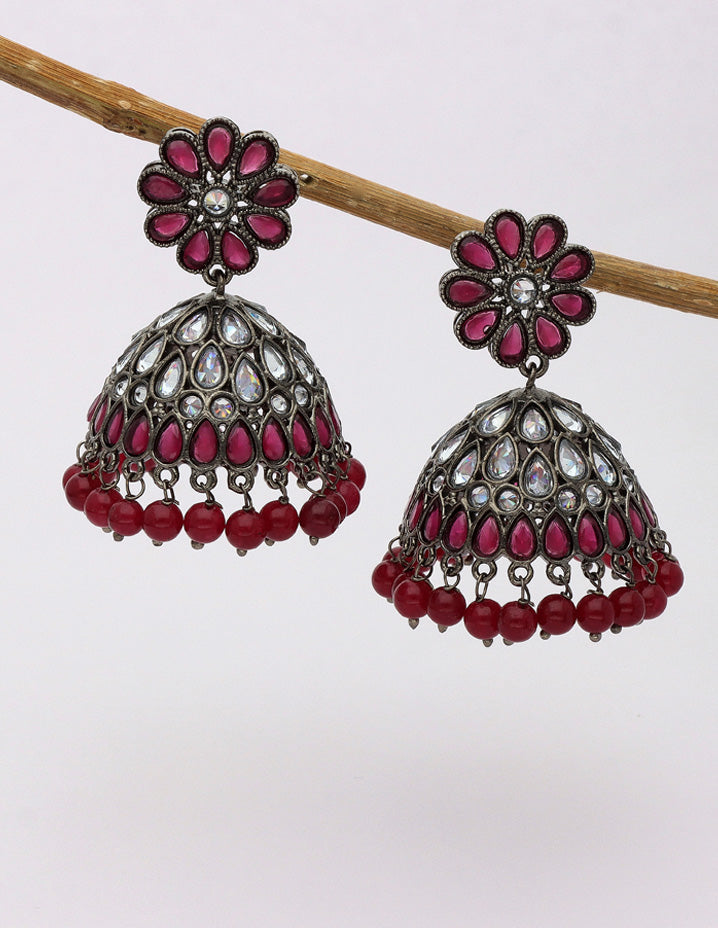 Designer Black Metal Floral Jhumka Earrings