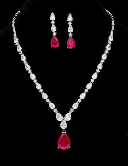 Rhodium Polish Rani Pink  Zirconia Necklace Set
