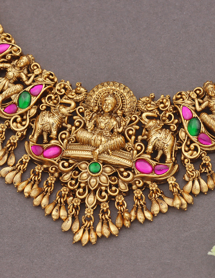 Designer Matt Rani Pink & Emerald Lakshmi Devi Long Haaram Set