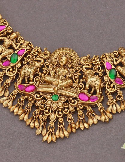 Designer Matt Rani Pink & Emerald Lakshmi Devi Long Haaram Set