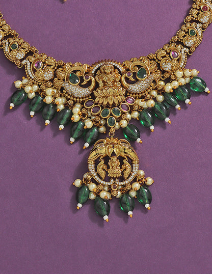 Designer Lakshmi Devi Emerald Matt Kempu Necklace Set