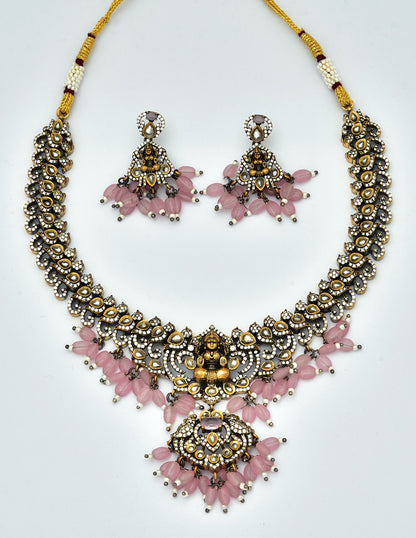 Zirconia Peacock Design Baby Pink Color Beads Victorian Necklace Set