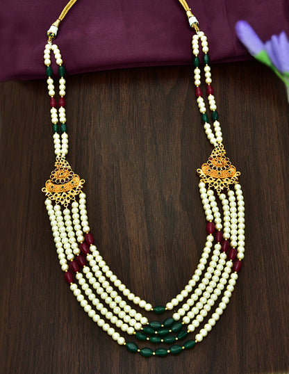2 Side Kempu Locket with 5 layered Pearl Chain