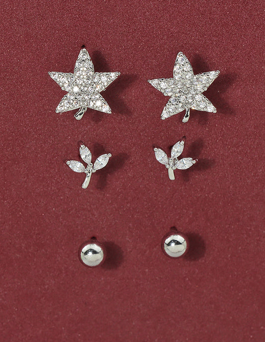 Designer Leaf shaped Sparkle Trio Set Stud Earrings