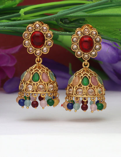 Designer Multicolor Gold Polish Fancy Jhumka Earrings