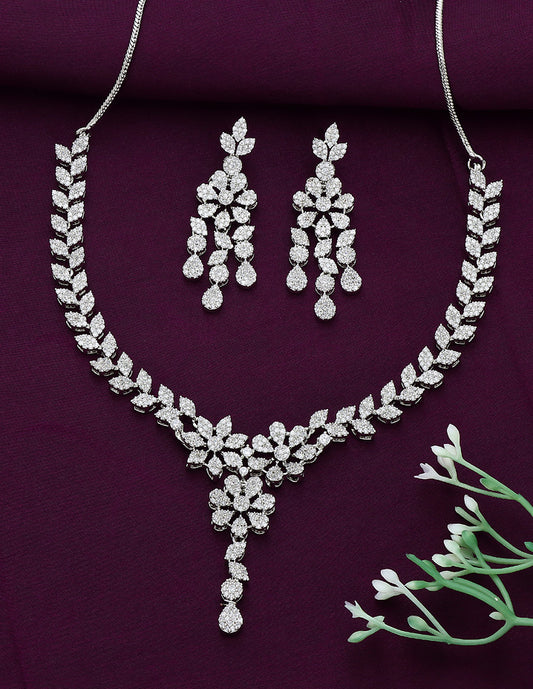 Designer Zirconia Rhodium Floral Necklace Set