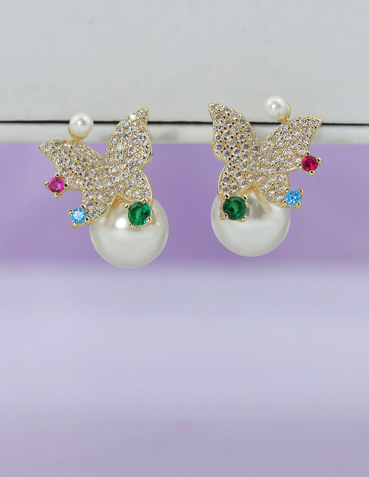 Designer Zirconia Butterfly Pearl Stud Earrings
