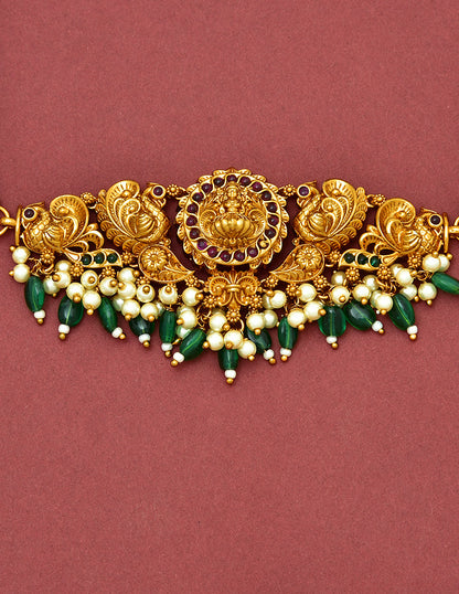 Designer Lakshmi Devi Chain Bajuband With Green Beads