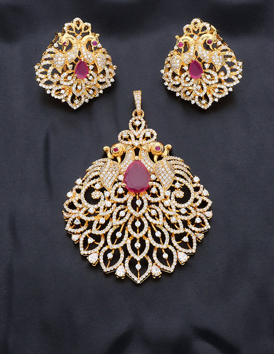 Designer Peacock Zirconia Gold Polish Pendant Set