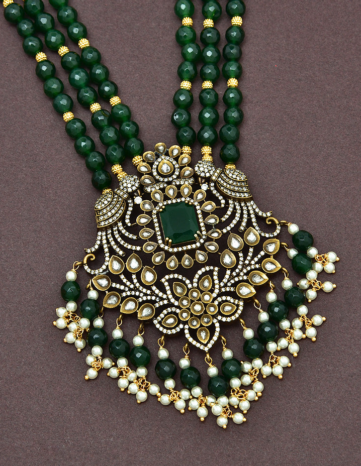 Peacock Pendant Multi Layered Green Beads Long Haaram