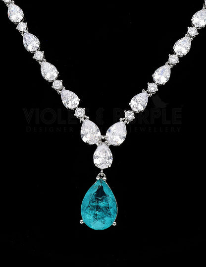 Rhodium Polish Sea green Stone Zirconia Necklace Set