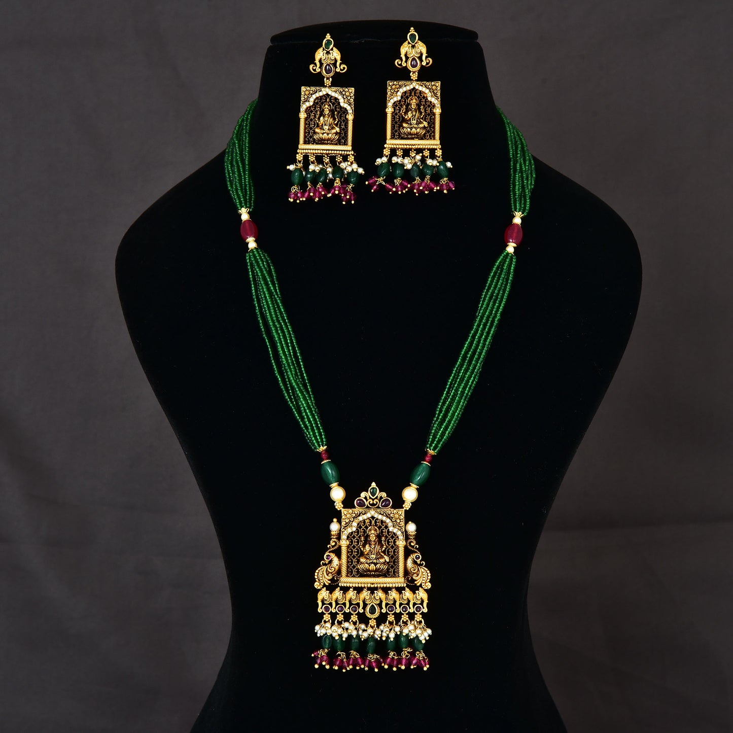 Temple Lakshmi devi Multilayered Crystals Chain Pendant