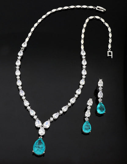Rhodium Polish Sea green Stone Zirconia Necklace Set