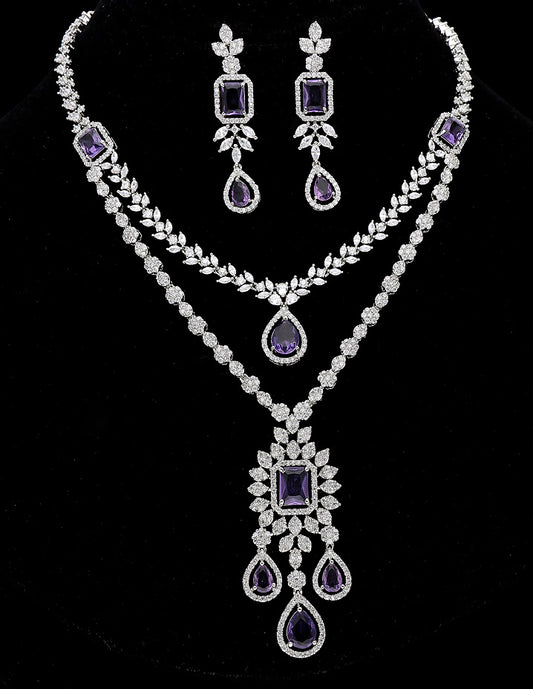 Designer Zirconia Rhodhium Polish 2 Layered Necklace Set