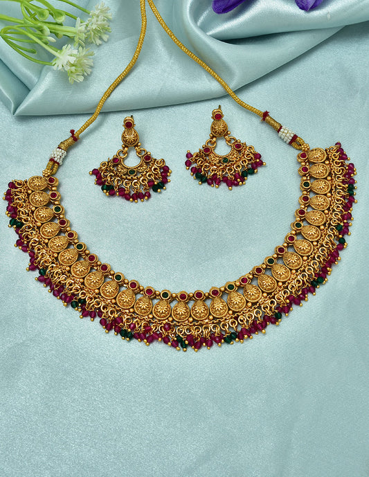 Antique Kempu Necklace Set with Crystal Beads
