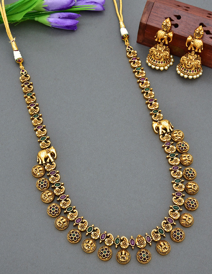 Antique Long Necklace Set With 2 Side Elephant Design