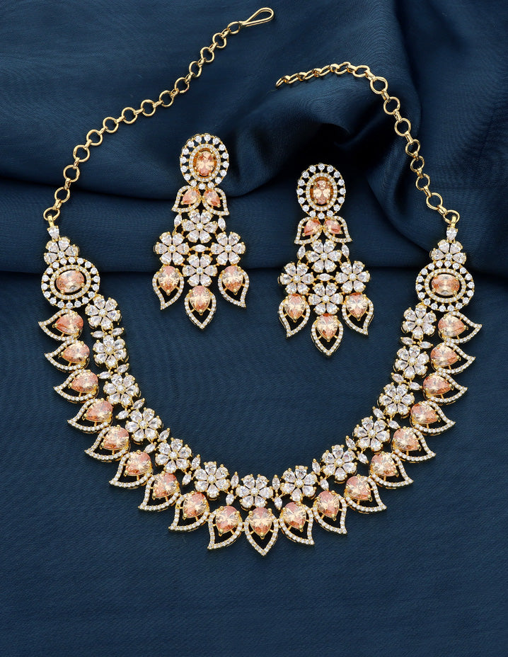 Zirconia Champagne Color Two Layered Designer Necklace Set