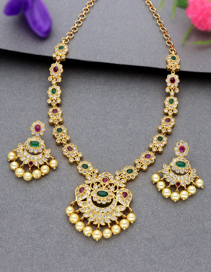 Zircon Gold Polish Ruby and Emerald Stone Necklace Set
