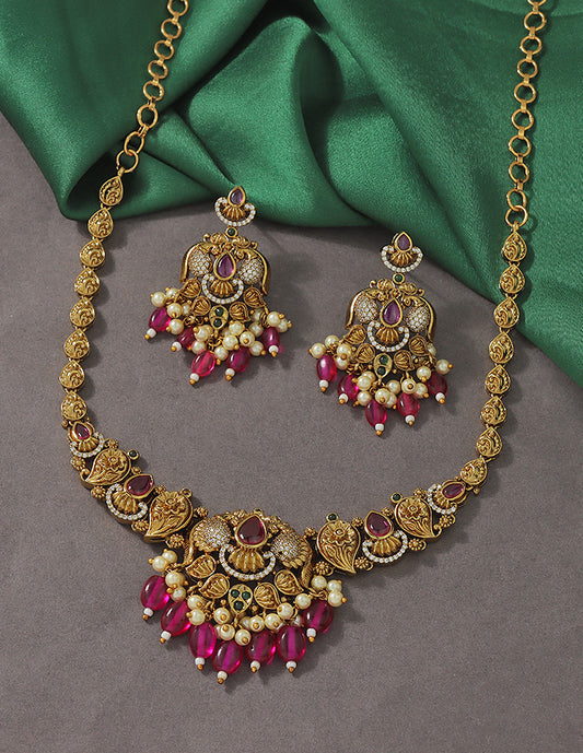 Designer Floral Emerald Matt Kempu Necklace Set