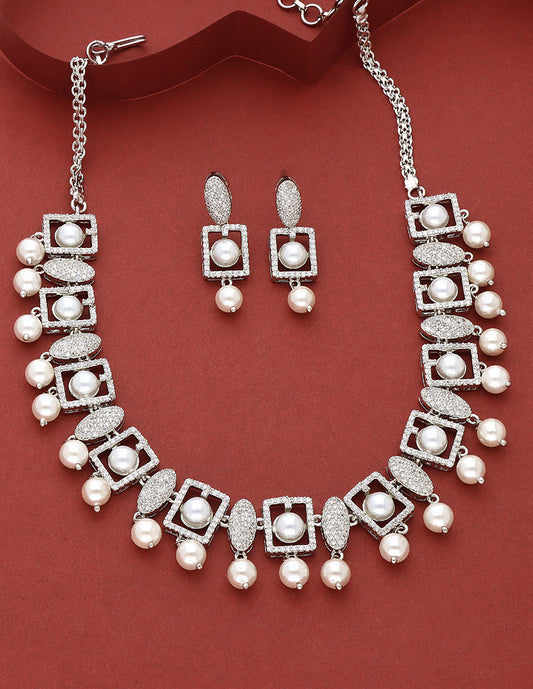 Designer Zirconia Rhodium Pearl Necklace Set