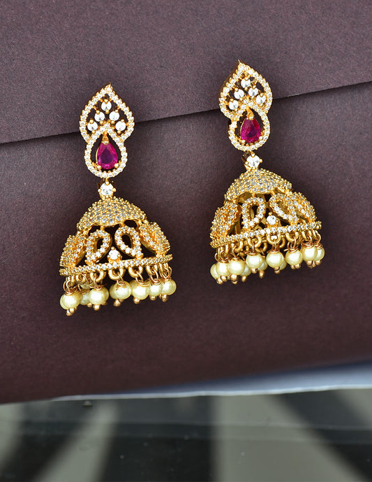 Designer Gold Polish Zirconia Jhumka Earrings