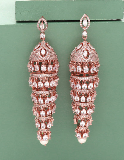 Zirconia Designer Multilayer Rose  Gold Jhumka Earrings