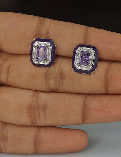 Designer Black Frame Amethyst Crystal Stud Earrings
