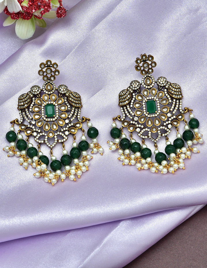 Designer Victorian Zirconia Earrings with Green Beads