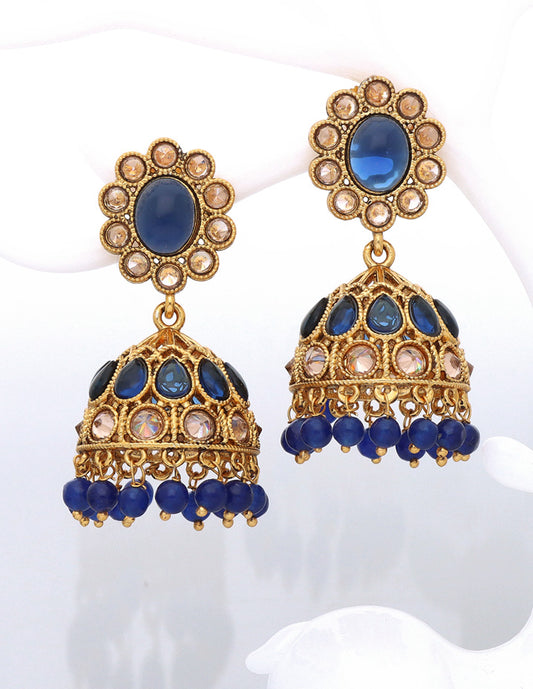 Designer Gold Polish Navy Blue Color Fancy Jhumka Earrings