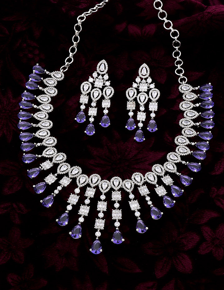 Designer Rhodhium Plated Zirconia Amethyst Necklace Set