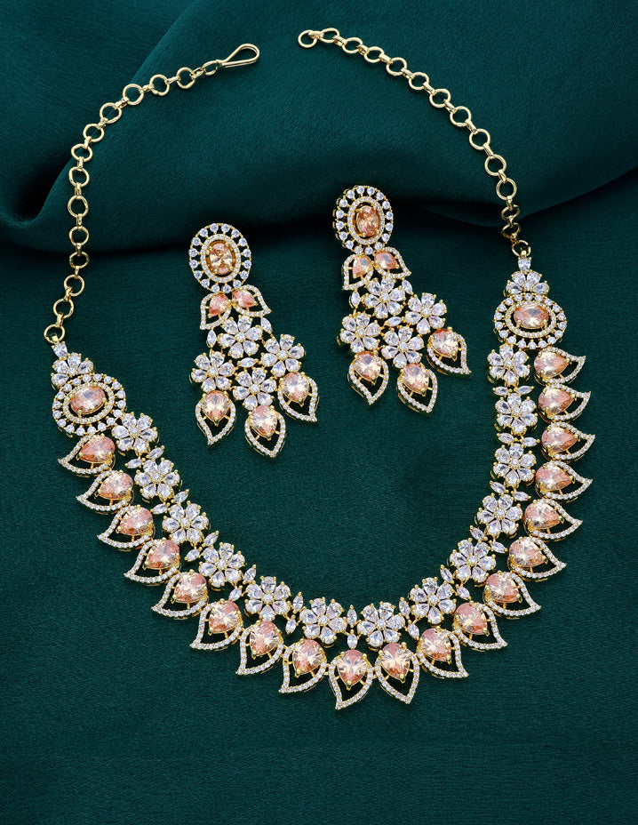 Zirconia Champagne Color Two Layered Designer Necklace Set