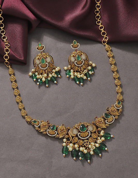 Designer Floral Emerald Matt Kempu Necklace Set
