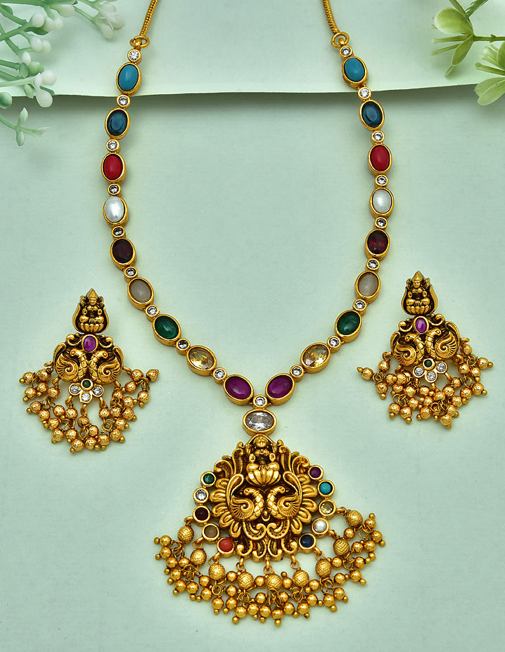 Designer Antique Plated Navaratna Necklace Set