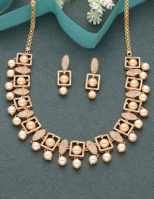 Designer Zirconia Gold Pearl Necklace Set