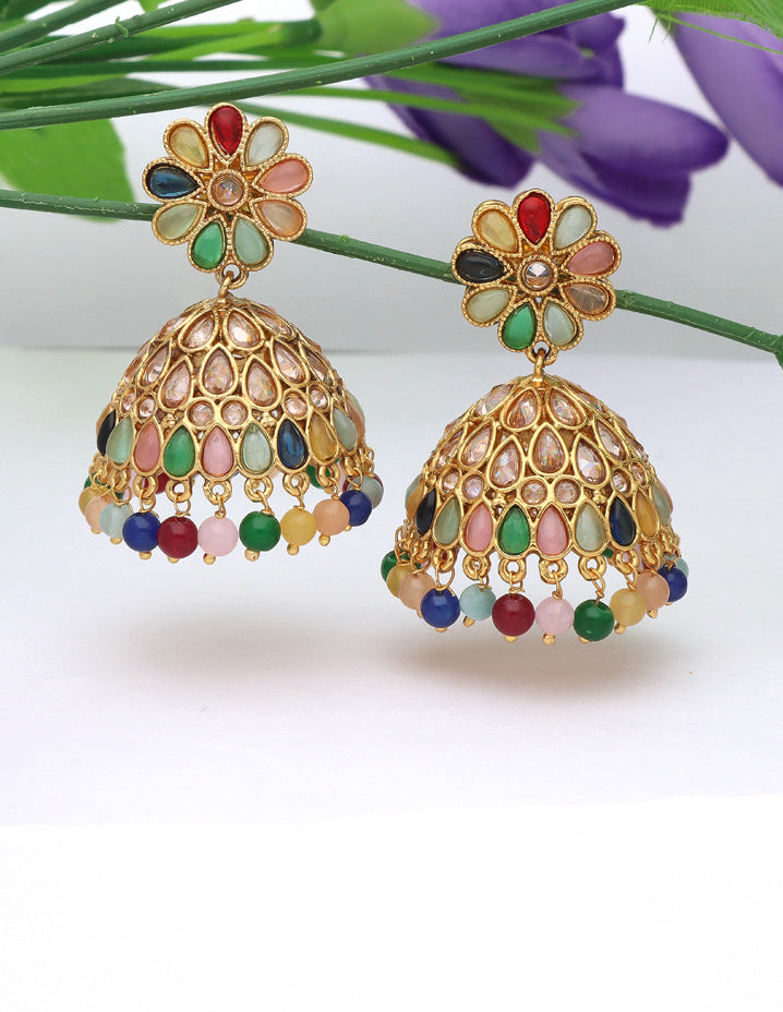 Designer Gold polish Floral Jhumka Earrings