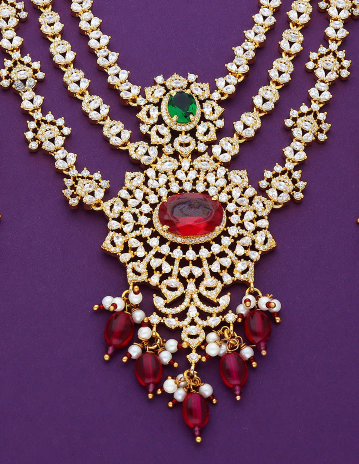 Designer Zirconia Gold Polish 3 Layered Necklace Set