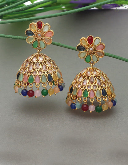 Designer Gold polish Floral Jhumka Earrings