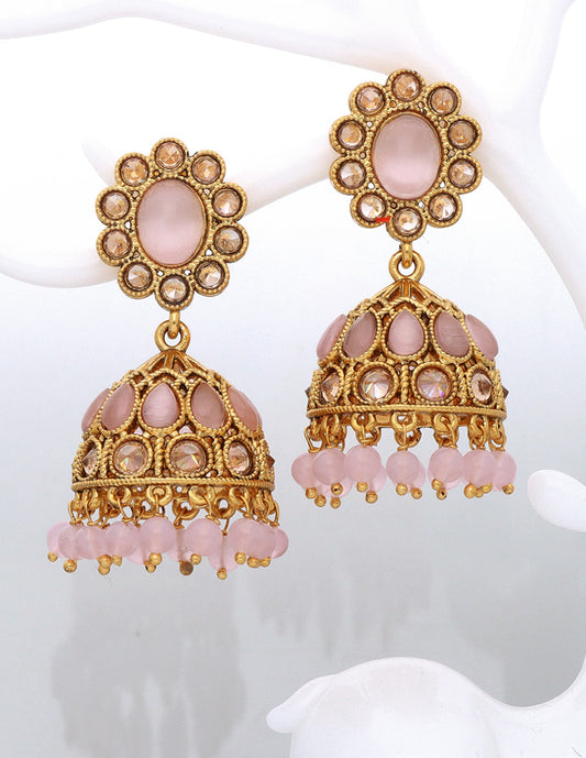 Designer Gold Polish Baby Pink Color Fancy Jhumka Earrings