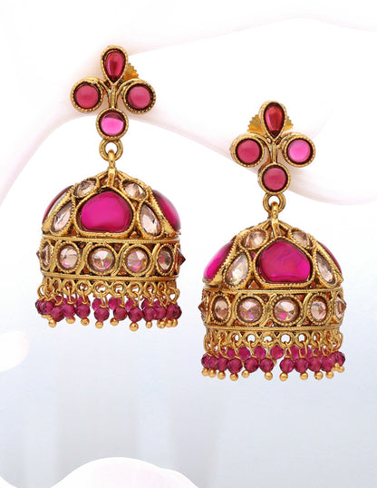 Gold Polish Designer Maroon Color Jhumka Earrings