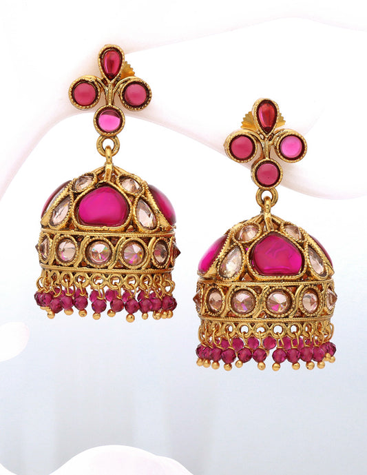 Gold Polish Designer Maroon Color Jhumka Earrings