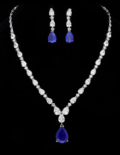 Rhodium Polish Blue Stone Necklace Set