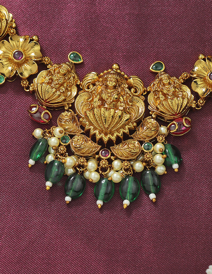Designer Lakshmi Devi Emerald Matt Kempu Necklace Set