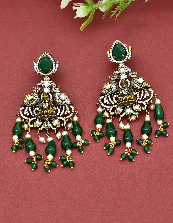 Lakshmi Pendant 3 Layered Green Beads Long Haaram